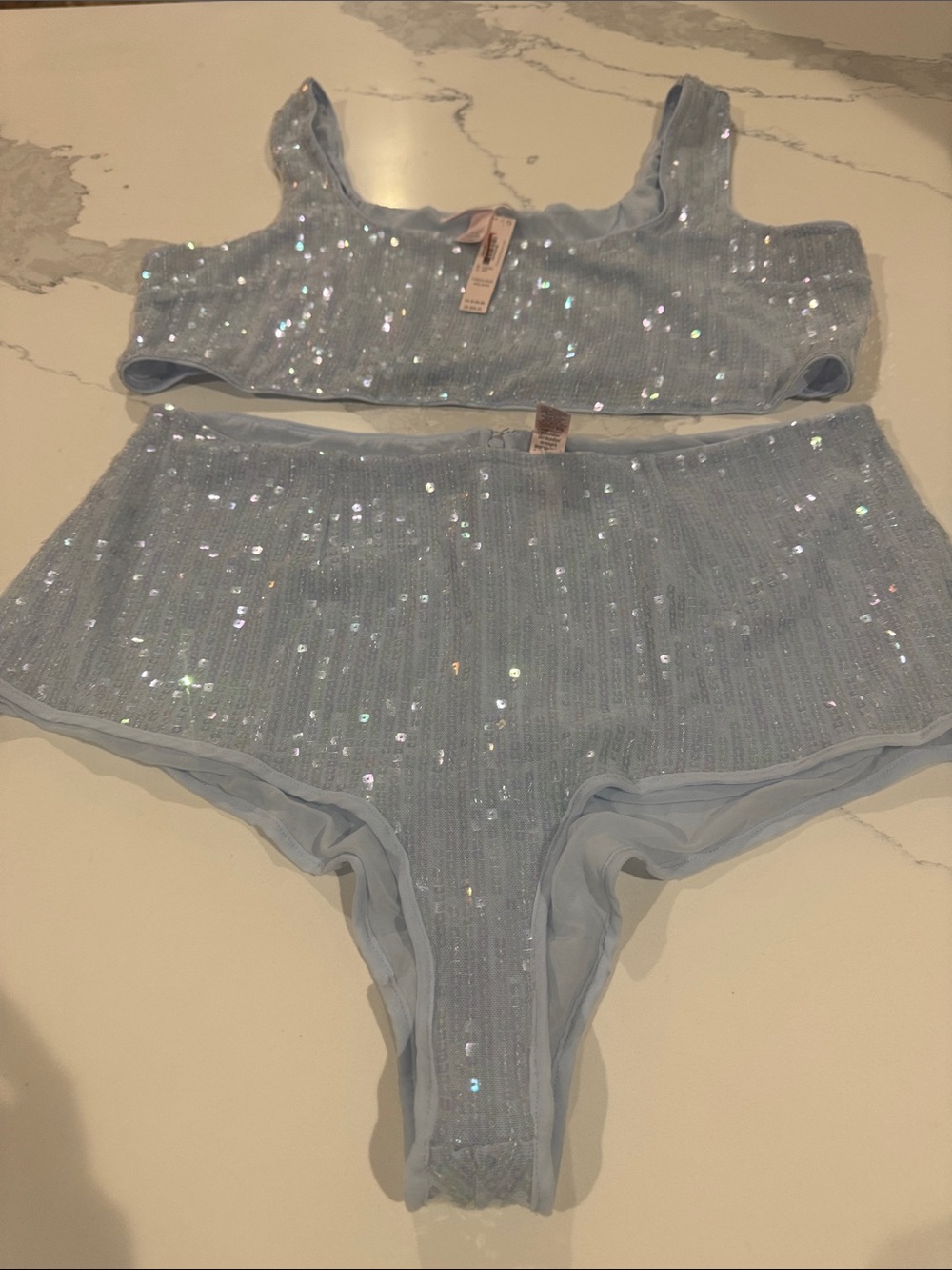 Victoria secret NWT blue sequin shimmer bra top & high waisted shorts set XXL